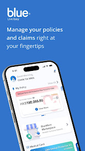 Official BlueHK app screenshot showing policy and claims management on a phone.
