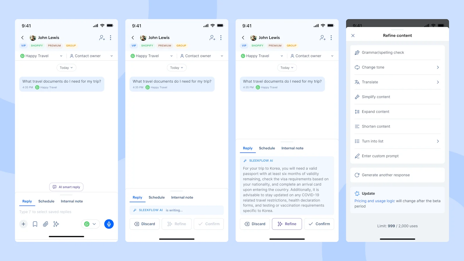 Official SleekFlow AI mobile feature screenshots, including smart reply and content refinement.
